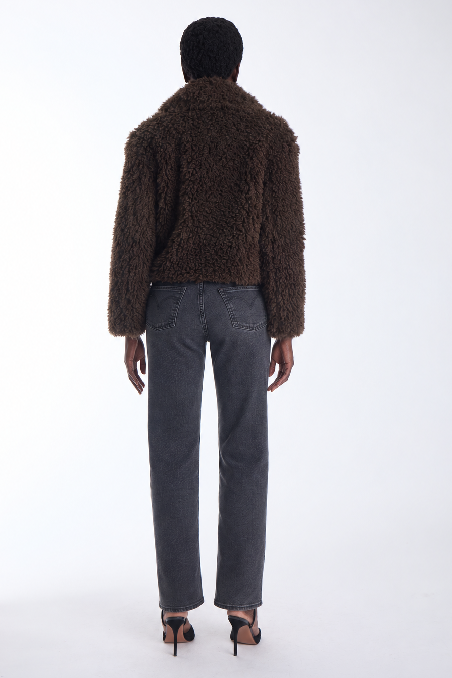 Karina Grimaldi Noelle Fur Jacket in espresso, back view on model, cropped shaggy fur with an oversized collar