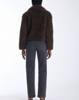 Karina Grimaldi Noelle Fur Jacket in espresso, back view on model, cropped shaggy fur with an oversized collar