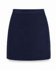 Karina Grimaldi Onyx Knit Set skirt in navy, back view, plain A line mini with a wide waistband.