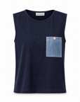 Karina Grimaldi Onyx Knit Set top in navy, front view, cropped and sleeveless with a contrast denim patch pocket and a gold button.