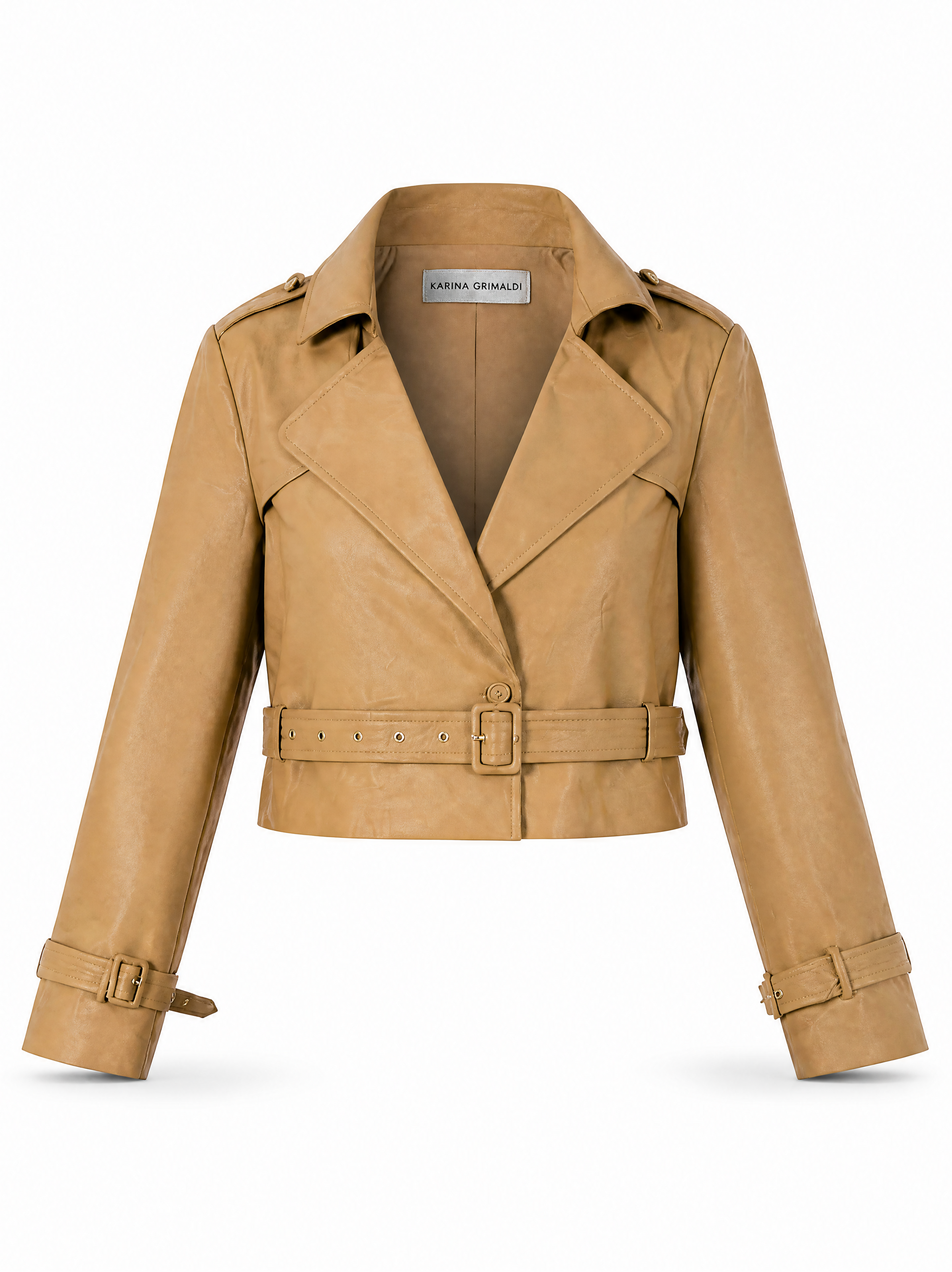 Vida cropped vegan leather trench jacket in camel showing the notched lapel, storm flap and self belt, front view.