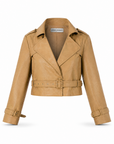 Vida cropped vegan leather trench jacket in camel showing the notched lapel, storm flap and self belt, front view.