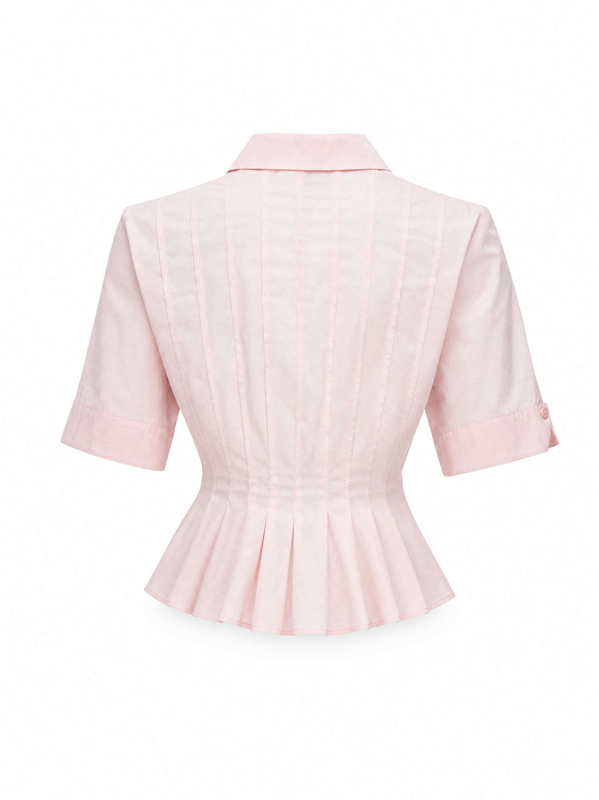 A light pink short-sleeve blouse shown from the back, featuring vertical pleats down the center back, a pointed collar, and a flared peplum hem, set against a plain white background.