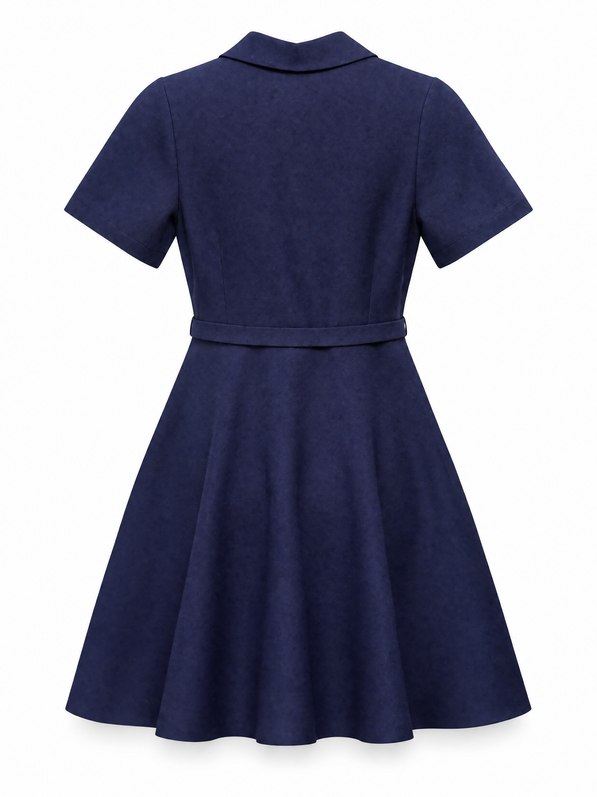 Elsa knit mini dress in navy showing the fitted bodice and flared skirt, back view.