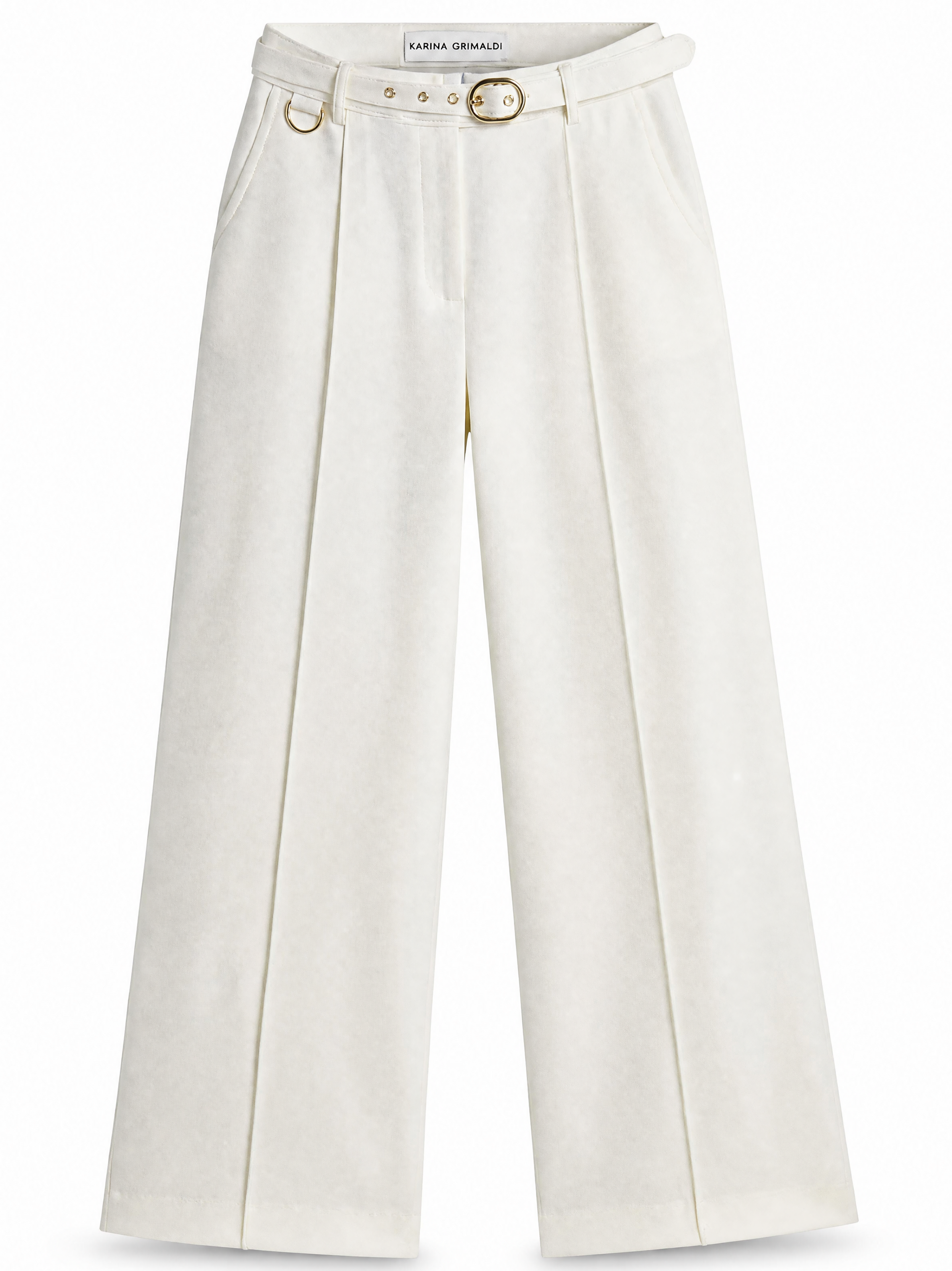 Alex high waisted wide leg trousers in ecru showing the gold buckle self belt and pressed crease, front view.