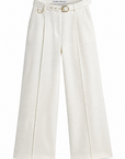 Alex high waisted wide leg trousers in ecru showing the gold buckle self belt and pressed crease, front view.