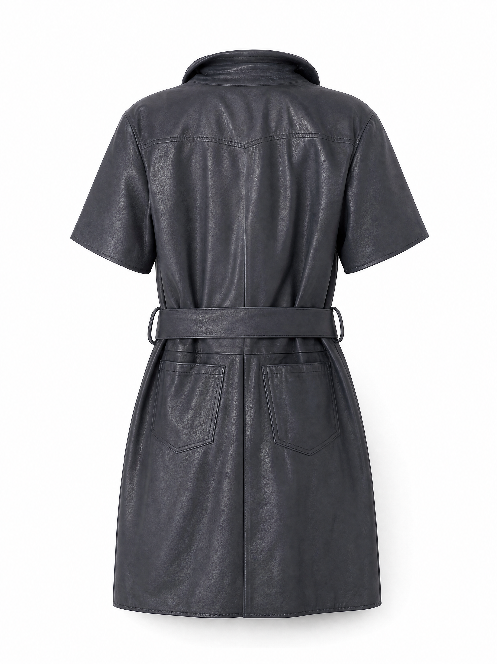 Mallie vegan leather mini shirtdress in navy showing the western yoke seaming, back view.