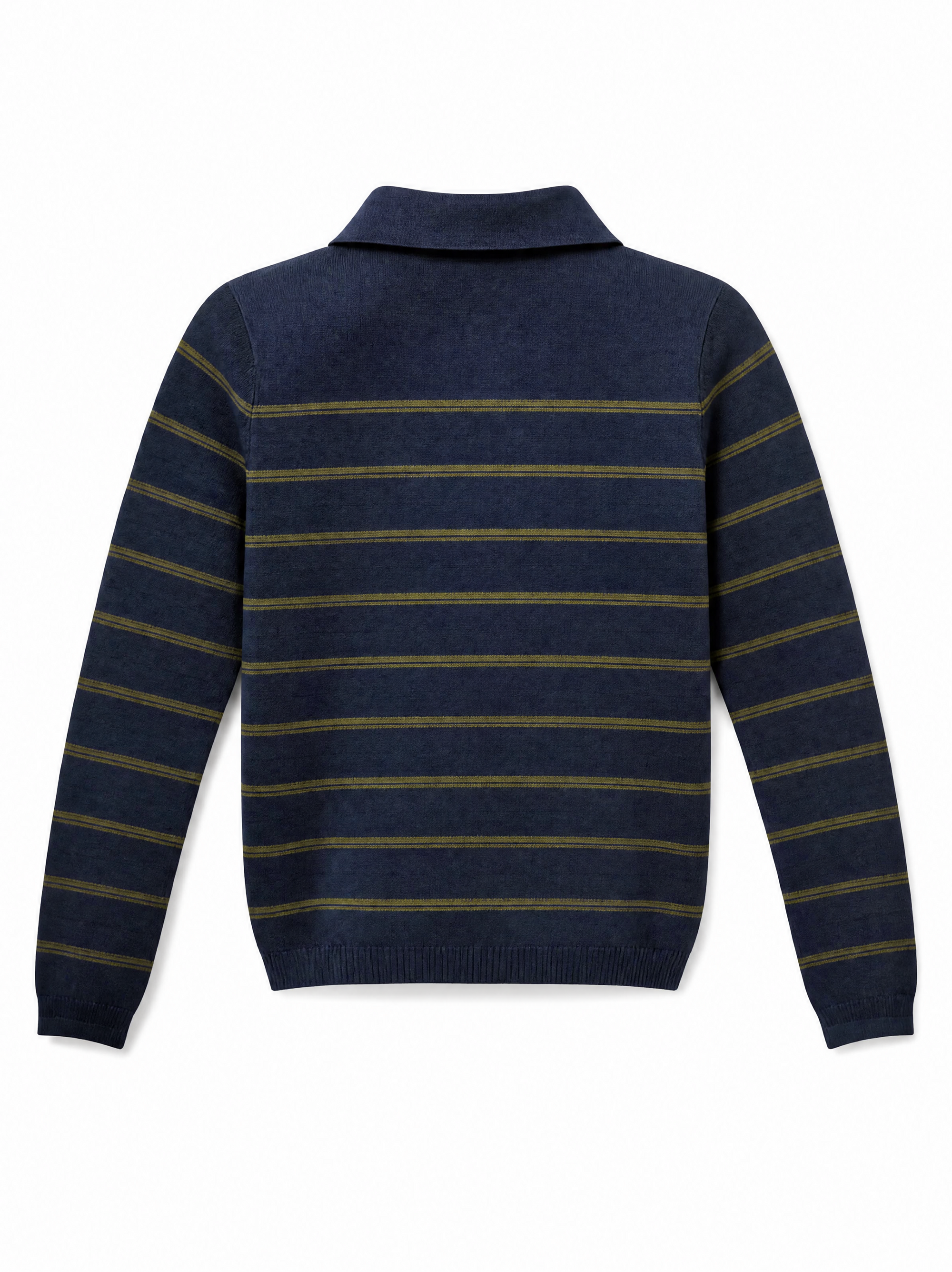 Scout striped knit polo in navy with olive stripes, back view.
