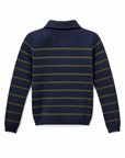 Scout striped knit polo in navy with olive stripes, back view.