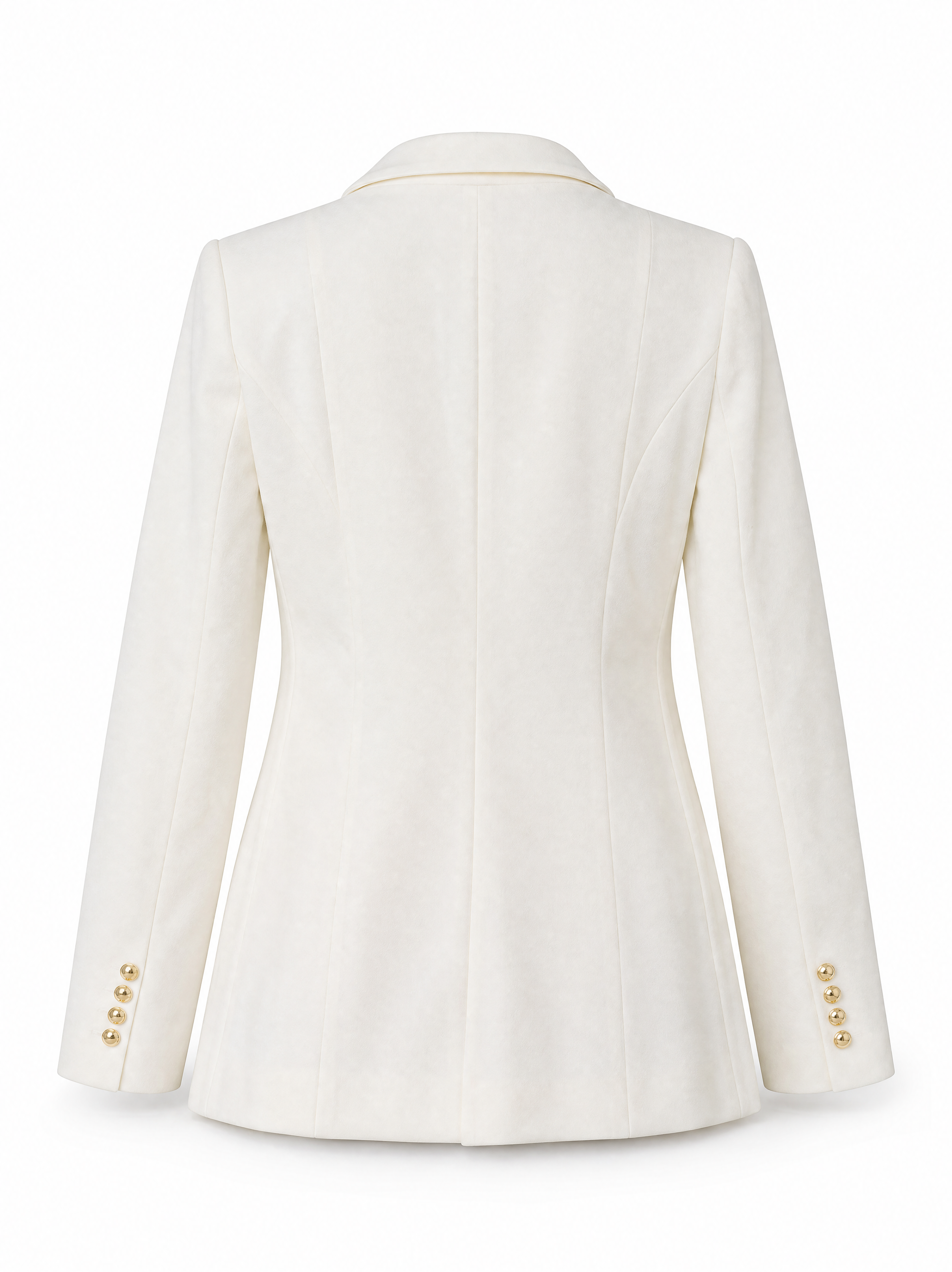 Agus cropped blazer in ecru showing the notched lapel, single button front and flared split cuff, front view.