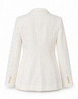 Agus cropped blazer in ecru showing the notched lapel, single button front and flared split cuff, front view.