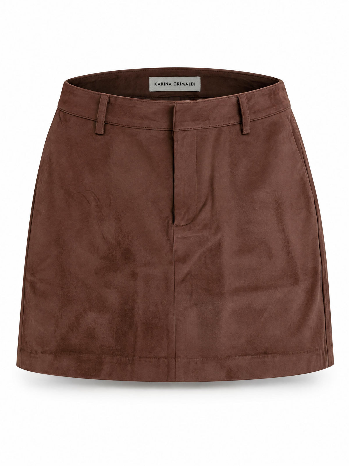 Karina Grimaldi Aria Suede Skirt in chocolate brown, front view, mini length with belt loops and a front closure