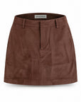 Karina Grimaldi Aria Suede Skirt in chocolate brown, front view, mini length with belt loops and a front closure
