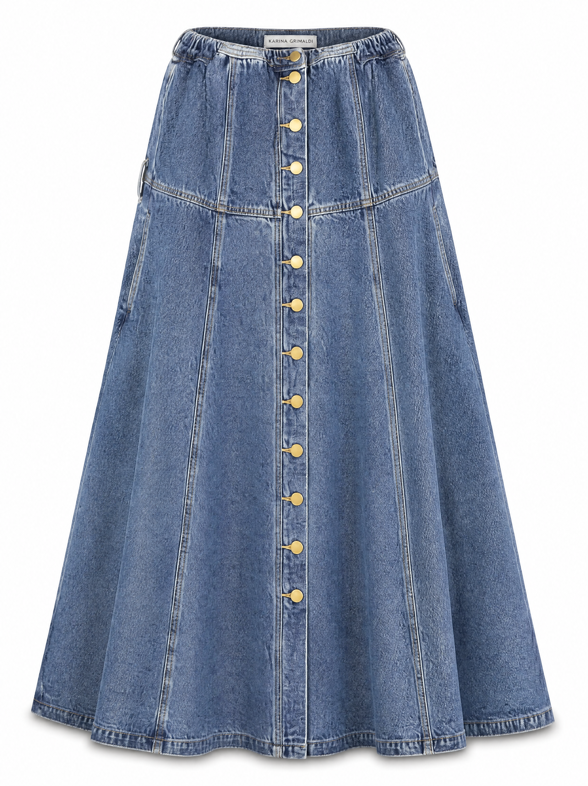 Mica strapless denim midi dress showing the antique gold button front and belted waist, front view.