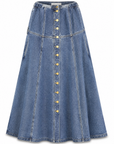 Mica strapless denim midi dress showing the antique gold button front and belted waist, front view.