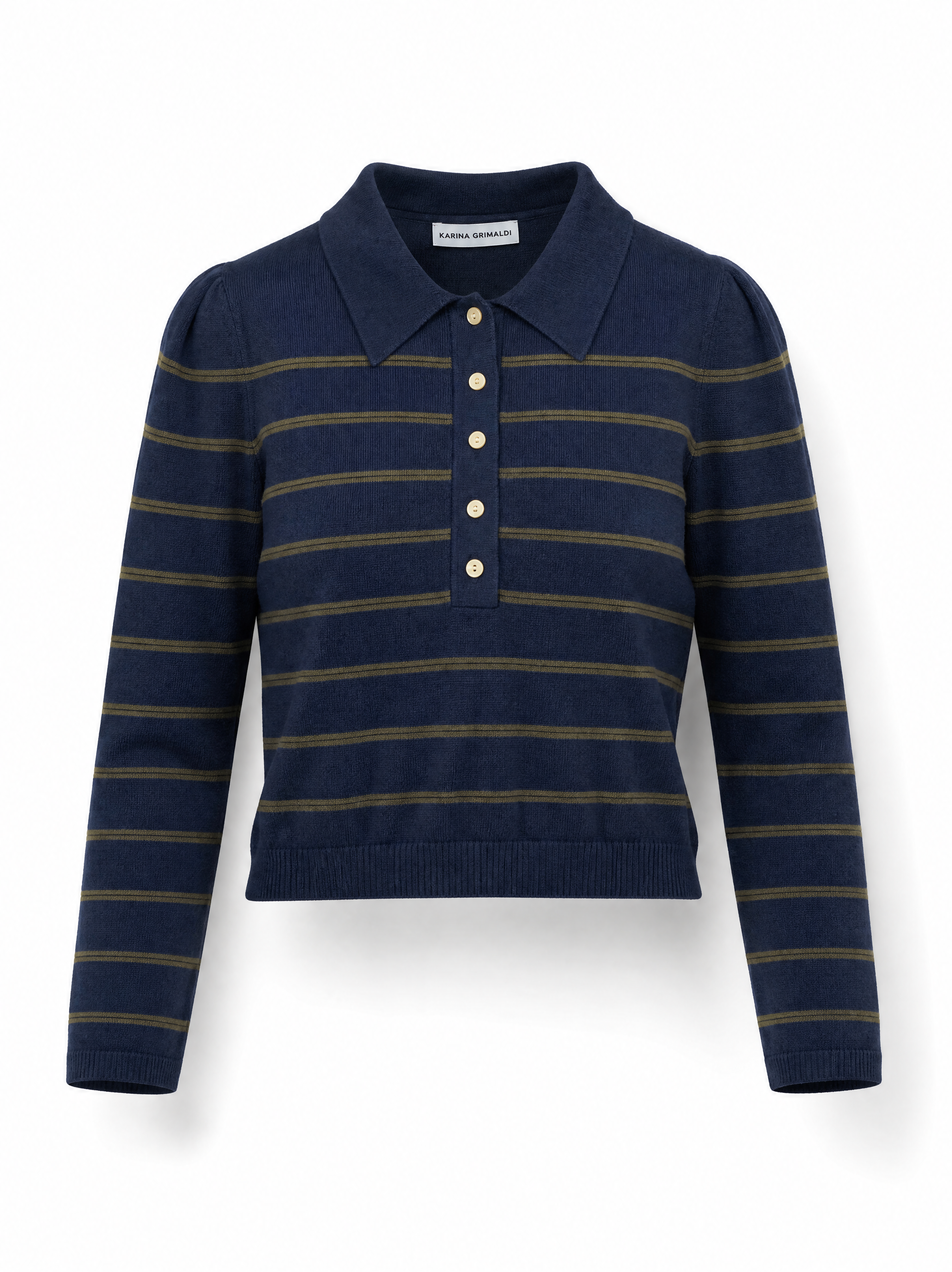 Scout striped knit polo in navy showing the polo collar and gold button placket, front view.