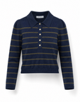 Scout striped knit polo in navy showing the polo collar and gold button placket, front view.