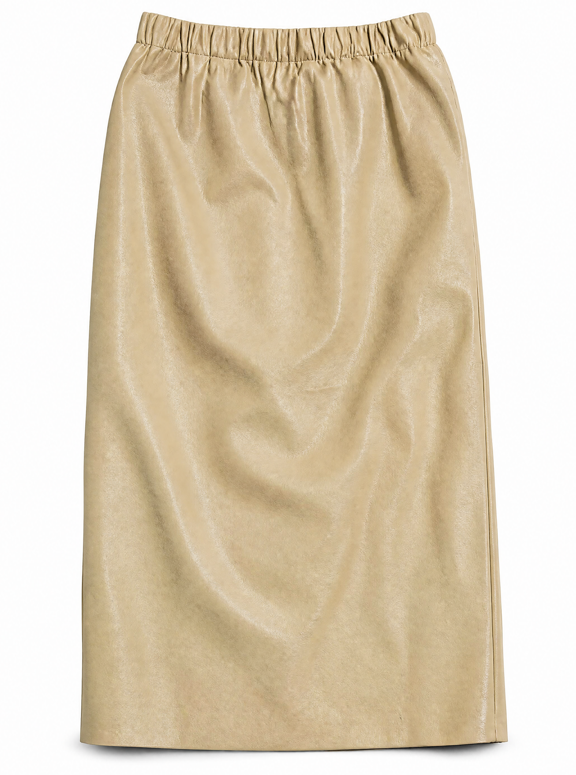 Enzo vegan leather midi skirt in camel showing the flared hem panel, back view.