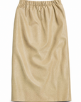 Enzo vegan leather midi skirt in camel showing the flared hem panel, back view.