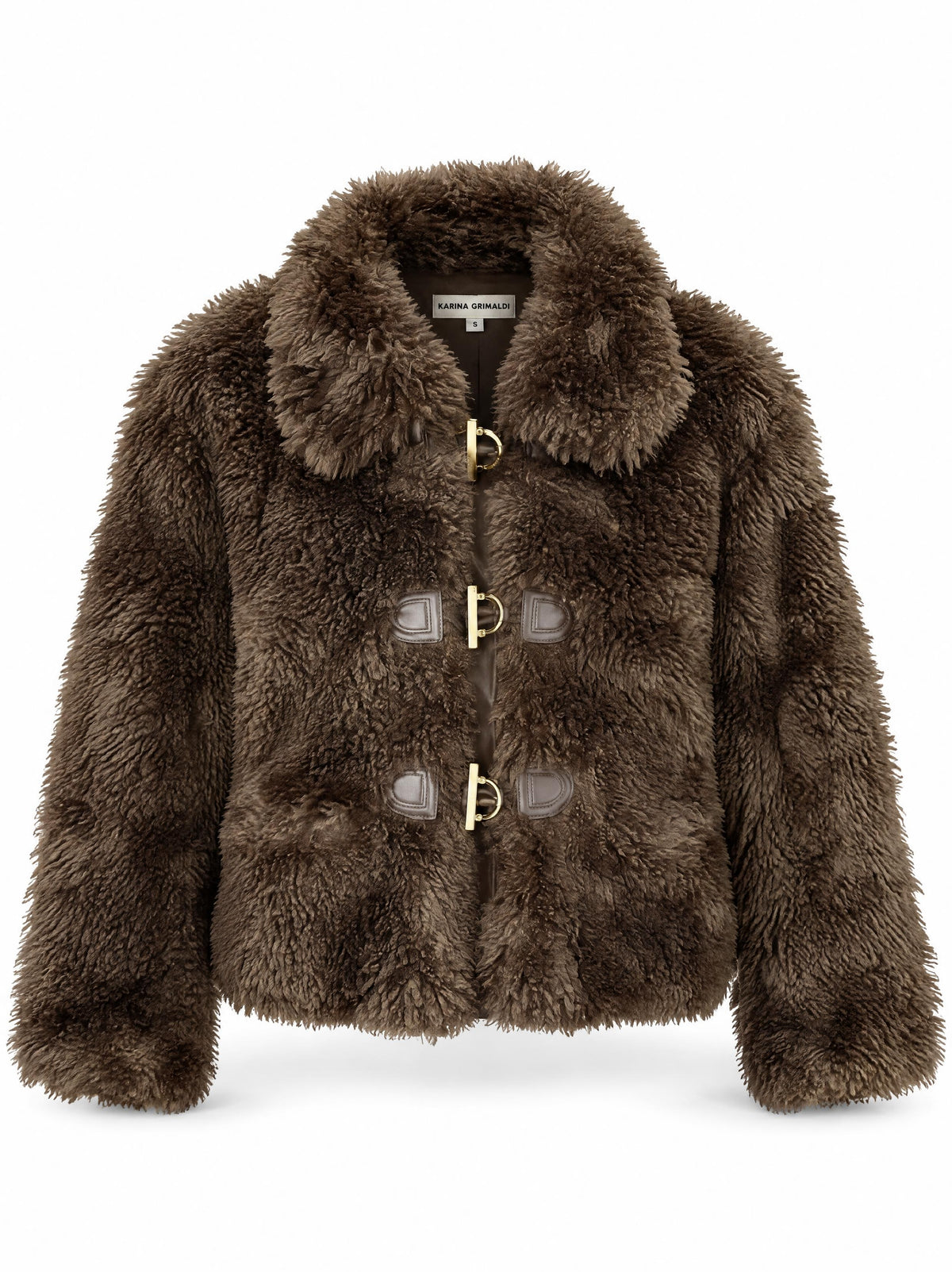 Karina Grimaldi Noelle Fur Jacket in espresso, front view, cropped shaggy fur with an oversized collar and three gold hook closures on leather tabs
