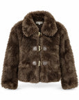Karina Grimaldi Noelle Fur Jacket in espresso, front view, cropped shaggy fur with an oversized collar and three gold hook closures on leather tabs