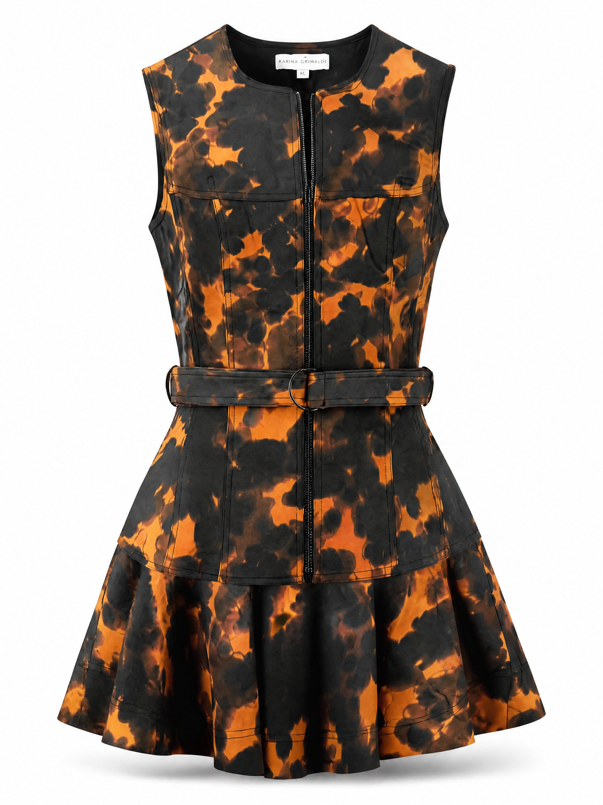 Sain print mini dress in tortoise shell showing the gold front zip and ring buckle belt, front view.