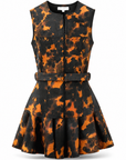 Sain print mini dress in tortoise shell showing the gold front zip and ring buckle belt, front view.