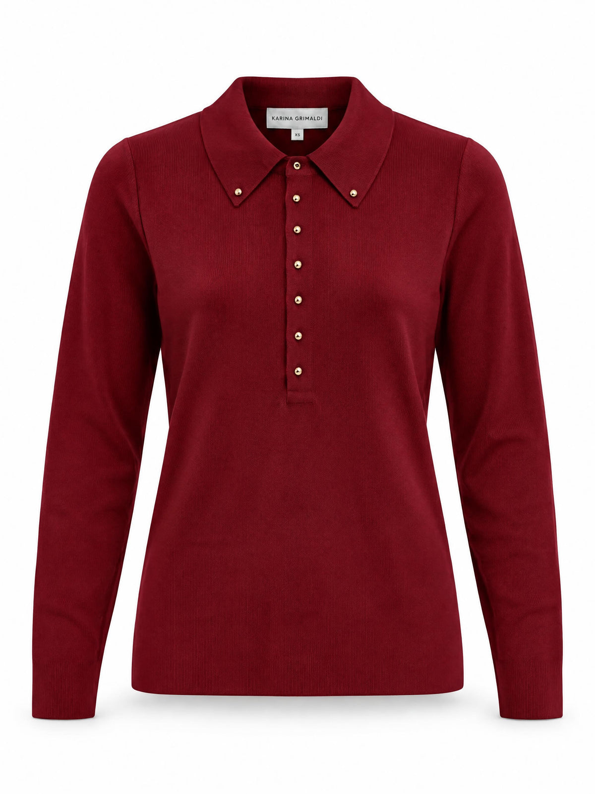Karina Grimaldi Nova Knit Shirt in mulberry, front view, pointed collar with a gold stud at each collar point and a gold stud placket