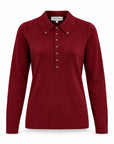 Karina Grimaldi Nova Knit Shirt in mulberry, front view, pointed collar with a gold stud at each collar point and a gold stud placket