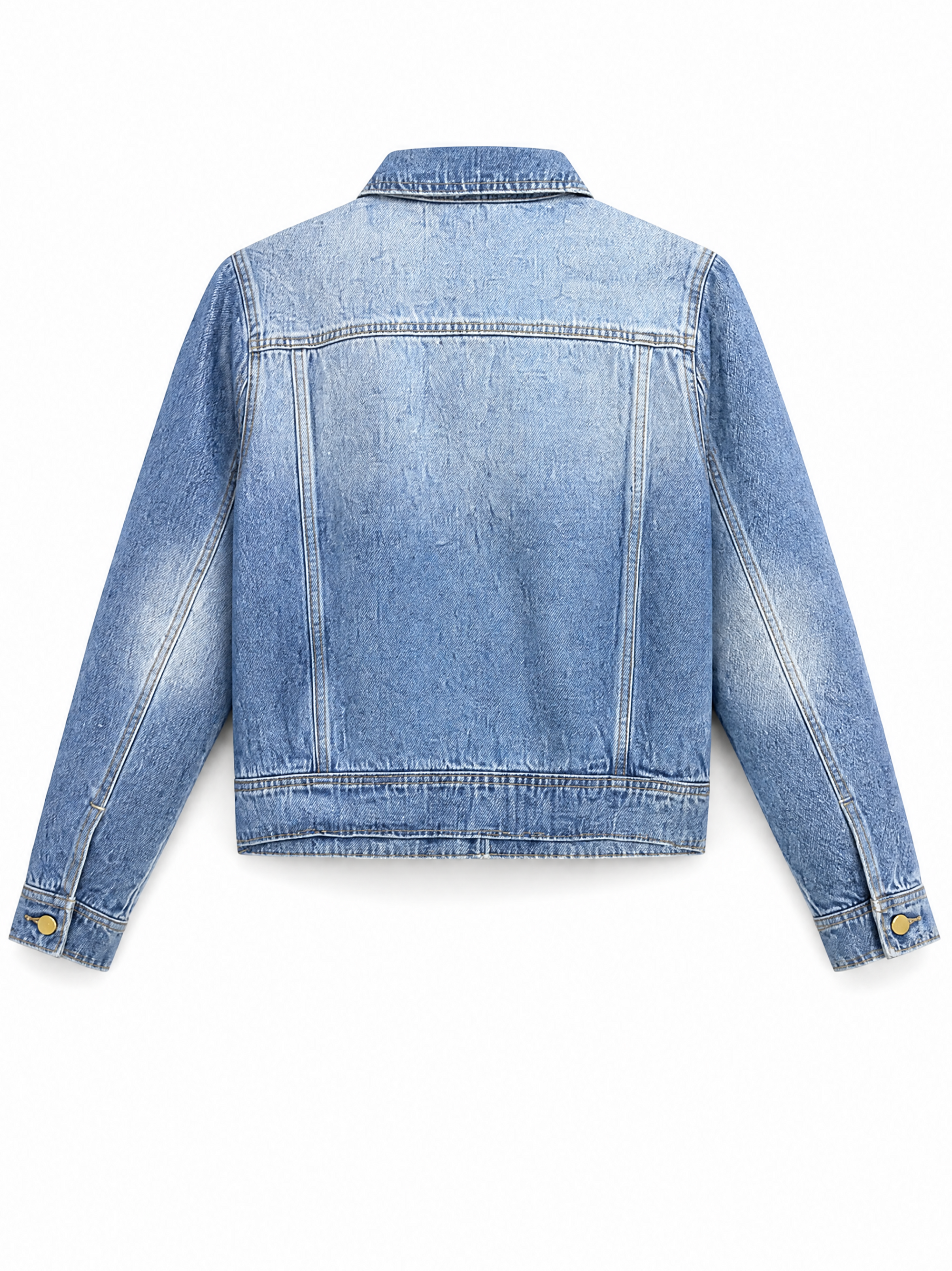 Mica cropped denim jacket showing the point collar and banded hem, back view.