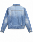 Mica cropped denim jacket showing the point collar and banded hem, back view.