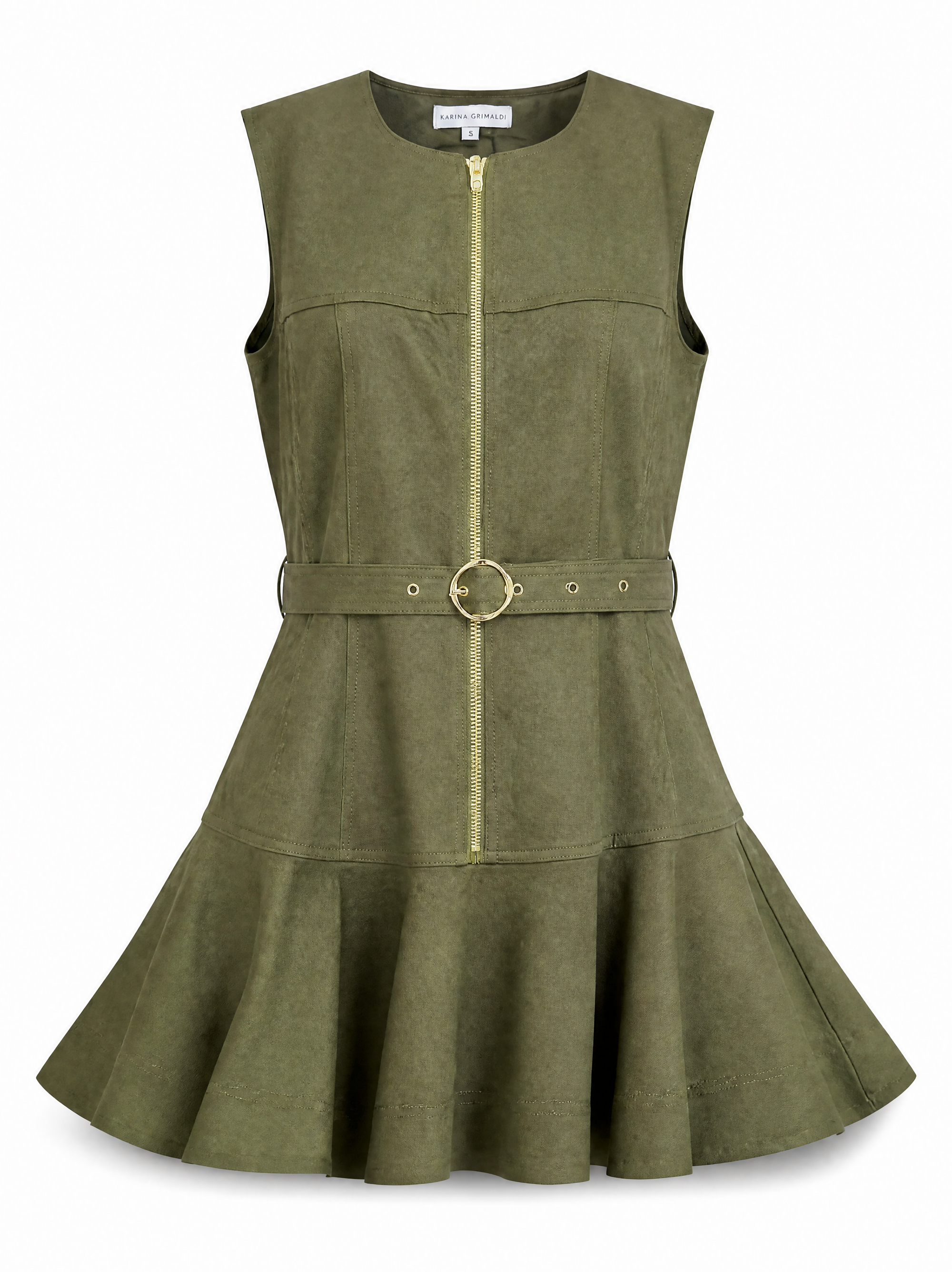Sain mini dress in army green showing the gold front zip and ring buckle belt, front view.