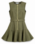 Sain mini dress in army green showing the gold front zip and ring buckle belt, front view.