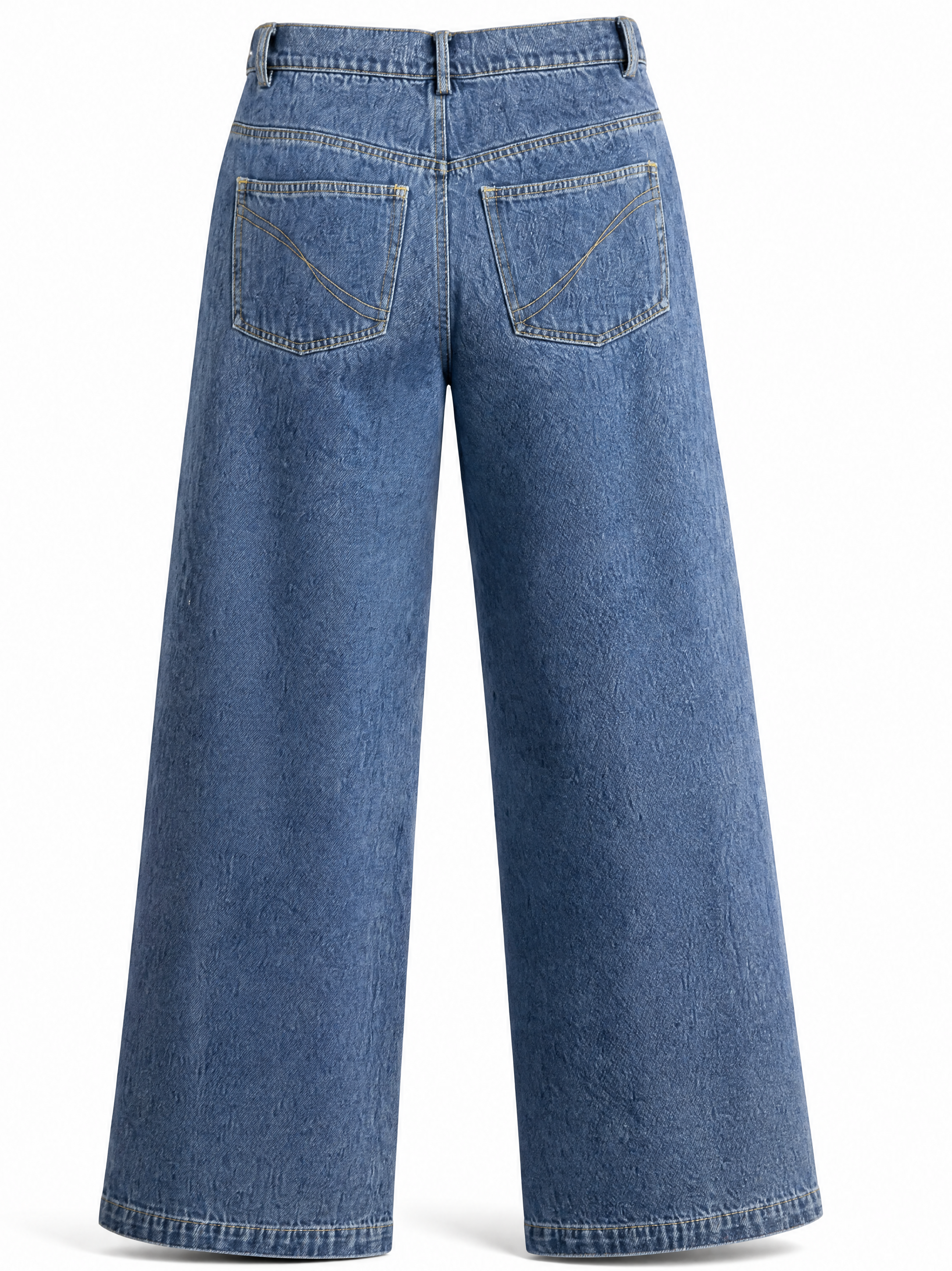 Mica wide leg jeans in denim blue showing the high waist and back pockets, back view.