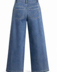 Mica wide leg jeans in denim blue showing the high waist and back pockets, back view.