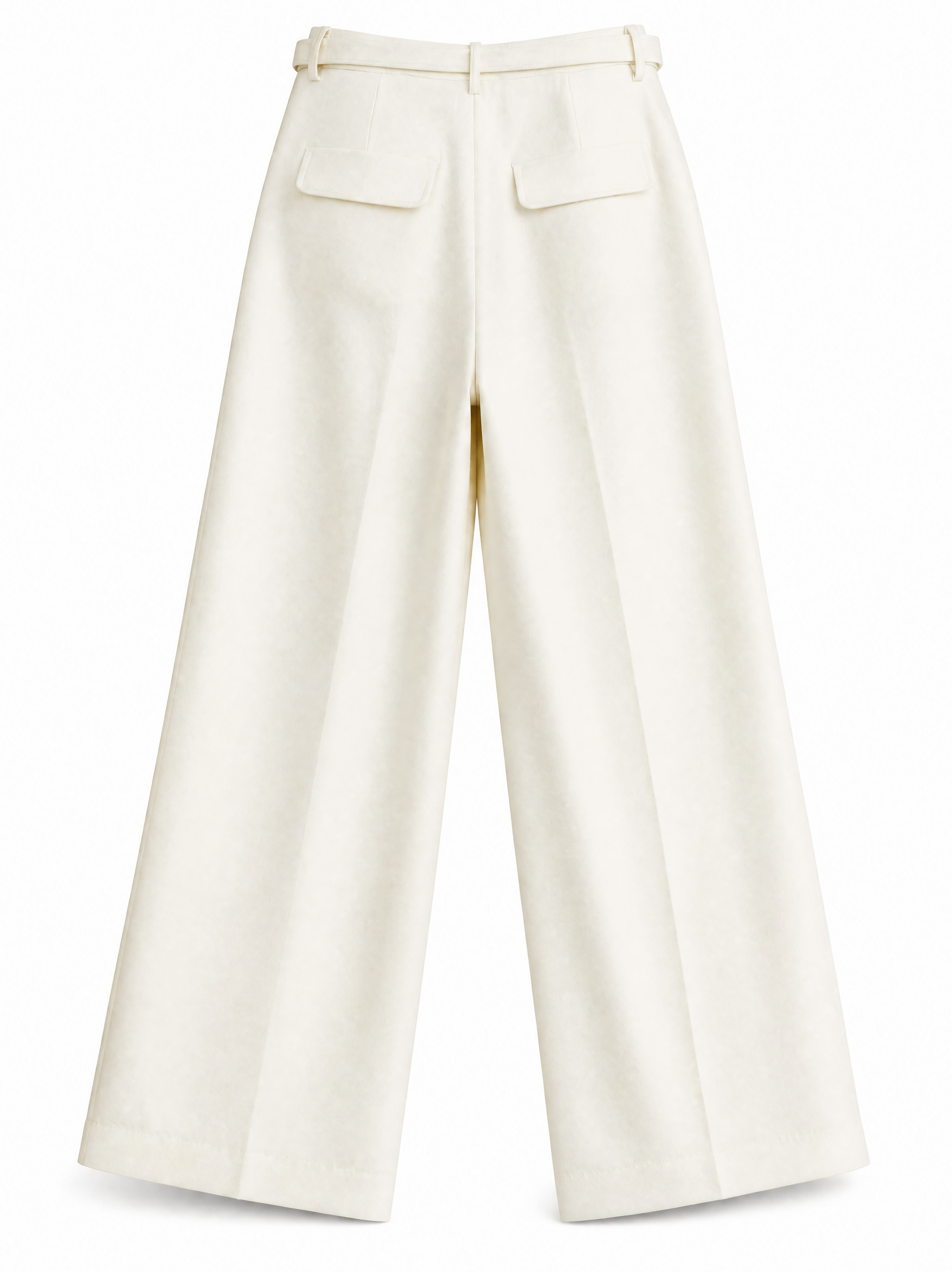 Alex high waisted wide leg trousers in ecru showing the wide straight leg, back view.