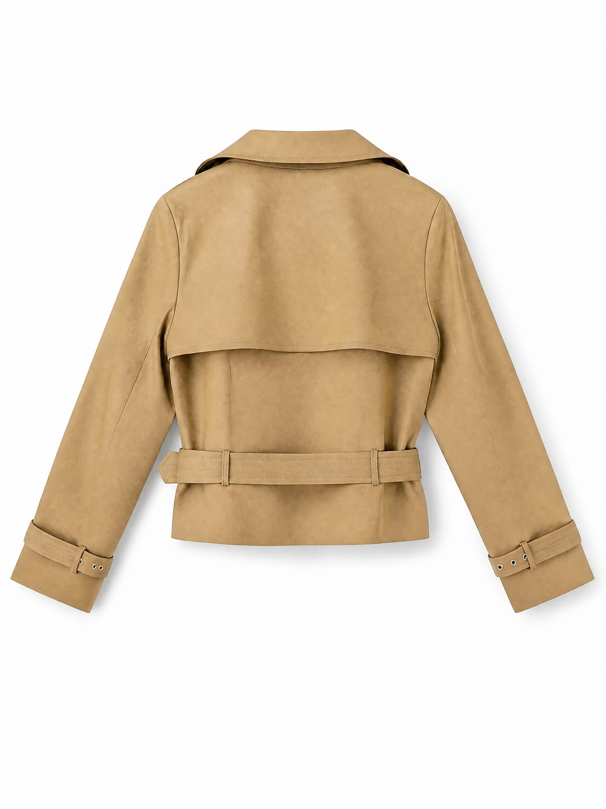 Vida cropped vegan leather trench jacket in camel showing the belted back, back view.