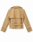 Vida cropped vegan leather trench jacket in camel showing the belted back, back view.