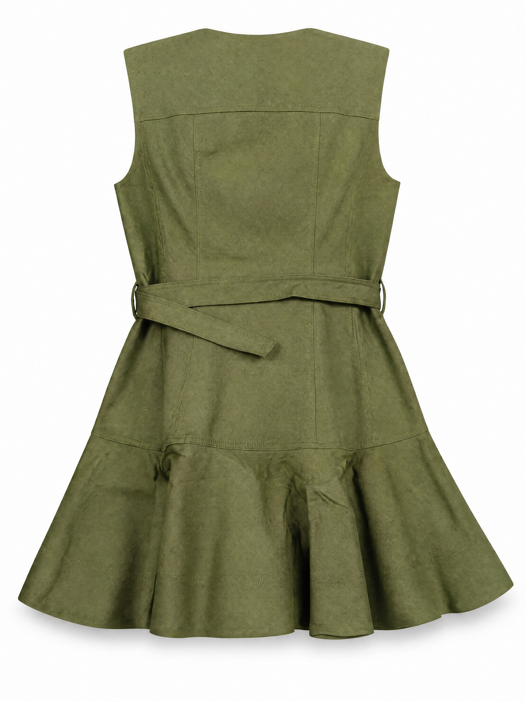 Sain mini dress in army green showing the panelled bodice, back view.