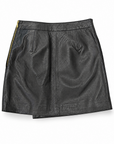 Pauli lambskin leather mini skirt in black showing the asymmetric wrap and side pocket, back view.