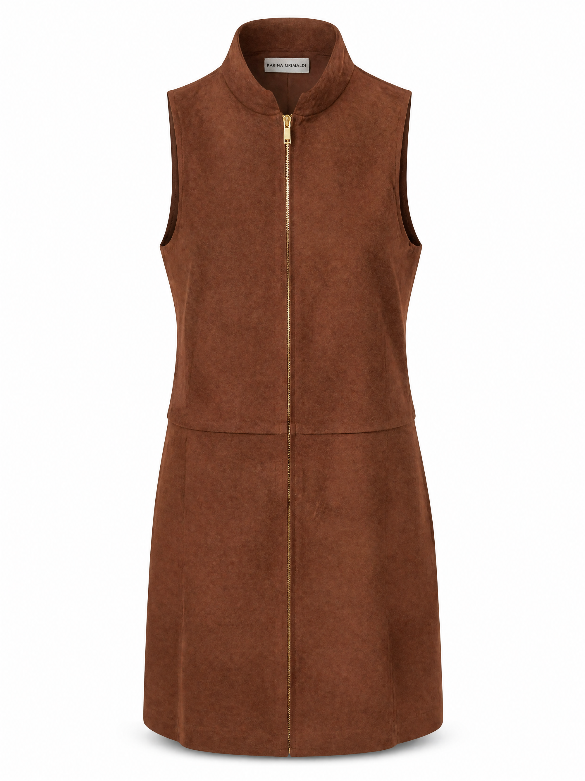 Kai vegan suede mini dress in copper cedar showing the mock neck and panelled seaming, front view.