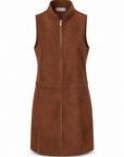 Kai vegan suede mini dress in copper cedar showing the mock neck and panelled seaming, front view.