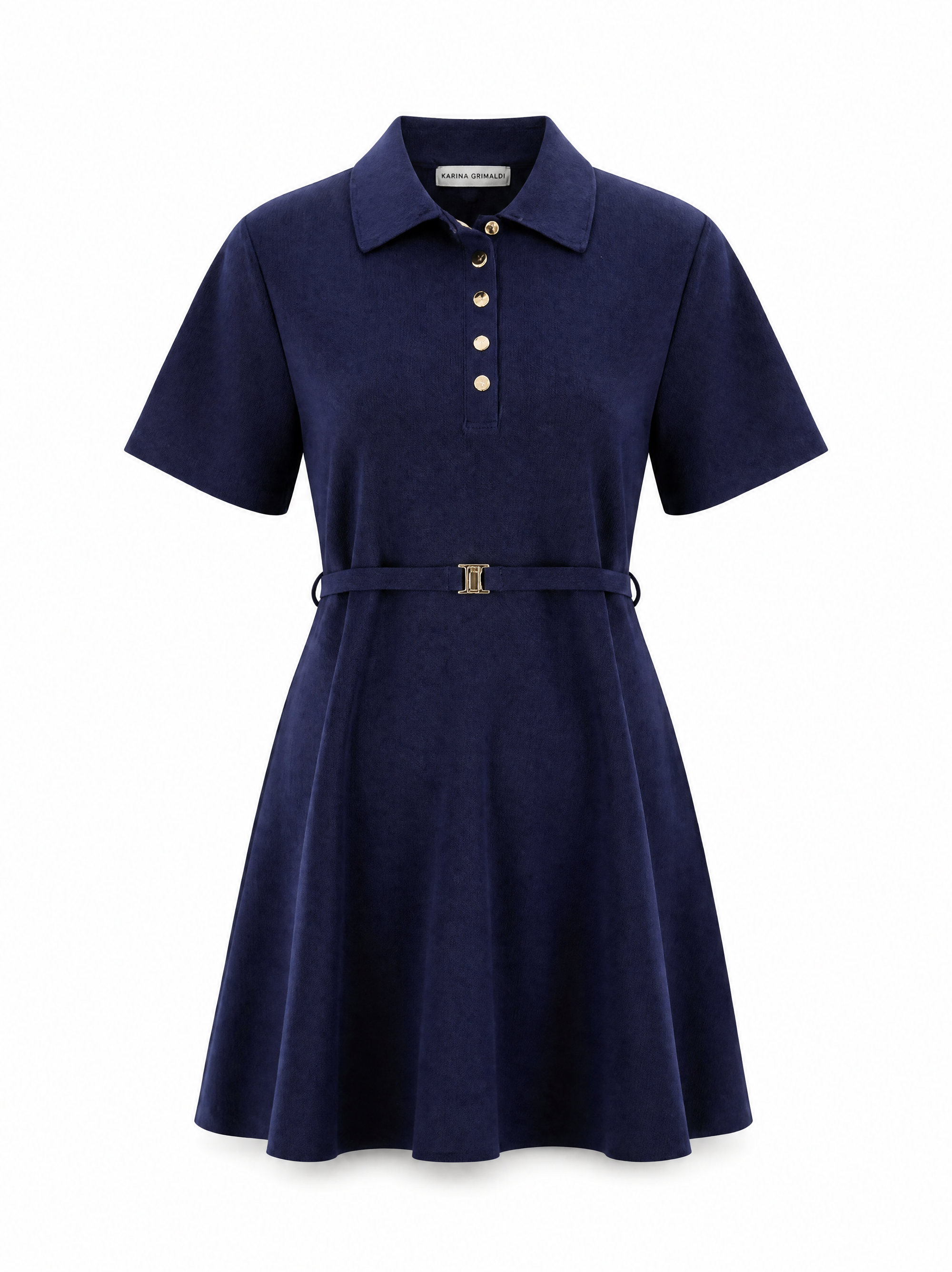 Elsa knit mini dress in navy showing the collar and gold button placket, front view.