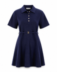 Elsa knit mini dress in navy showing the collar and gold button placket, front view.