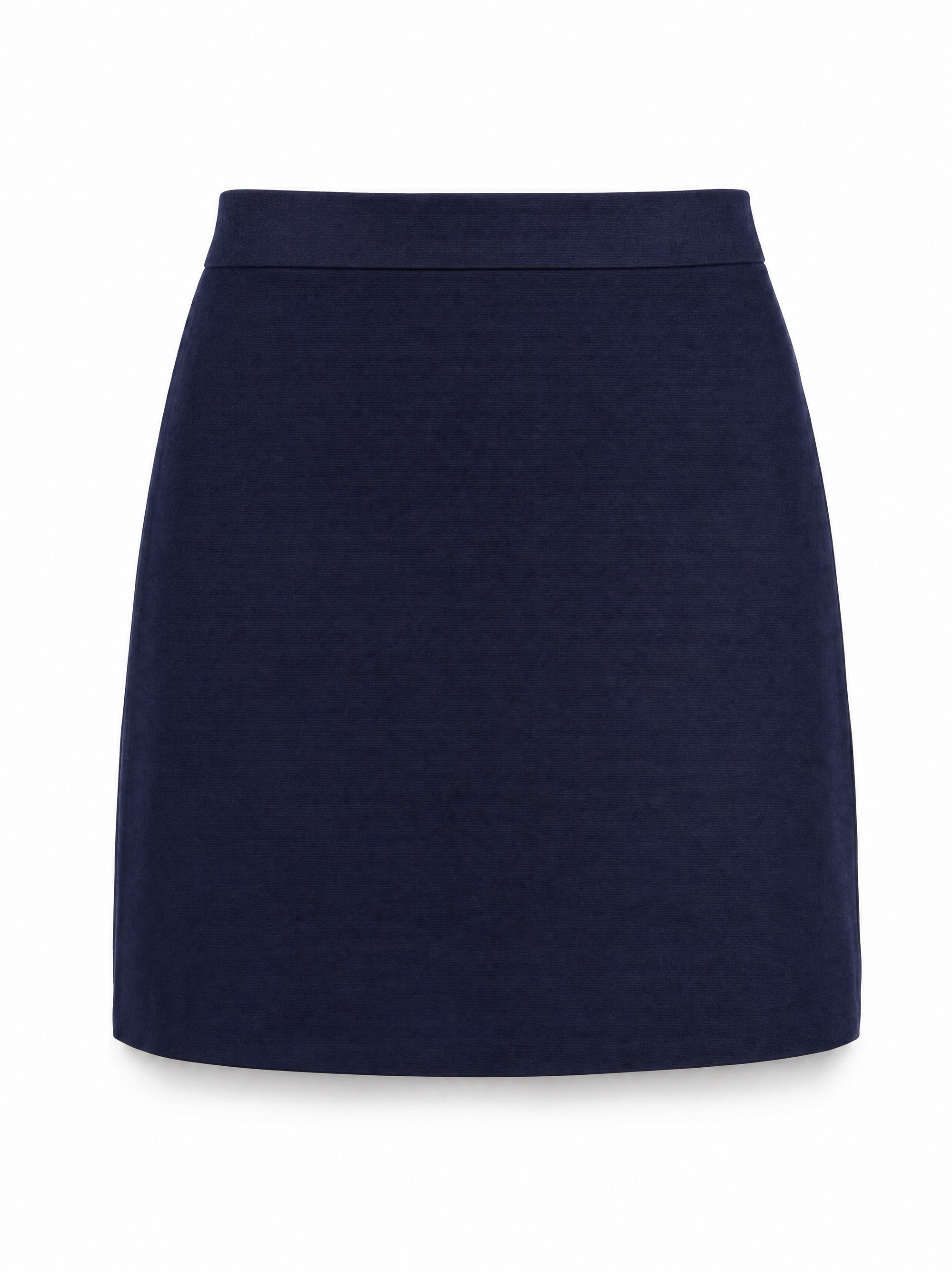 Onyx knit mini skirt in navy with a high straight waistband, plain view.