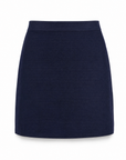 Onyx knit mini skirt in navy with a high straight waistband, plain view.