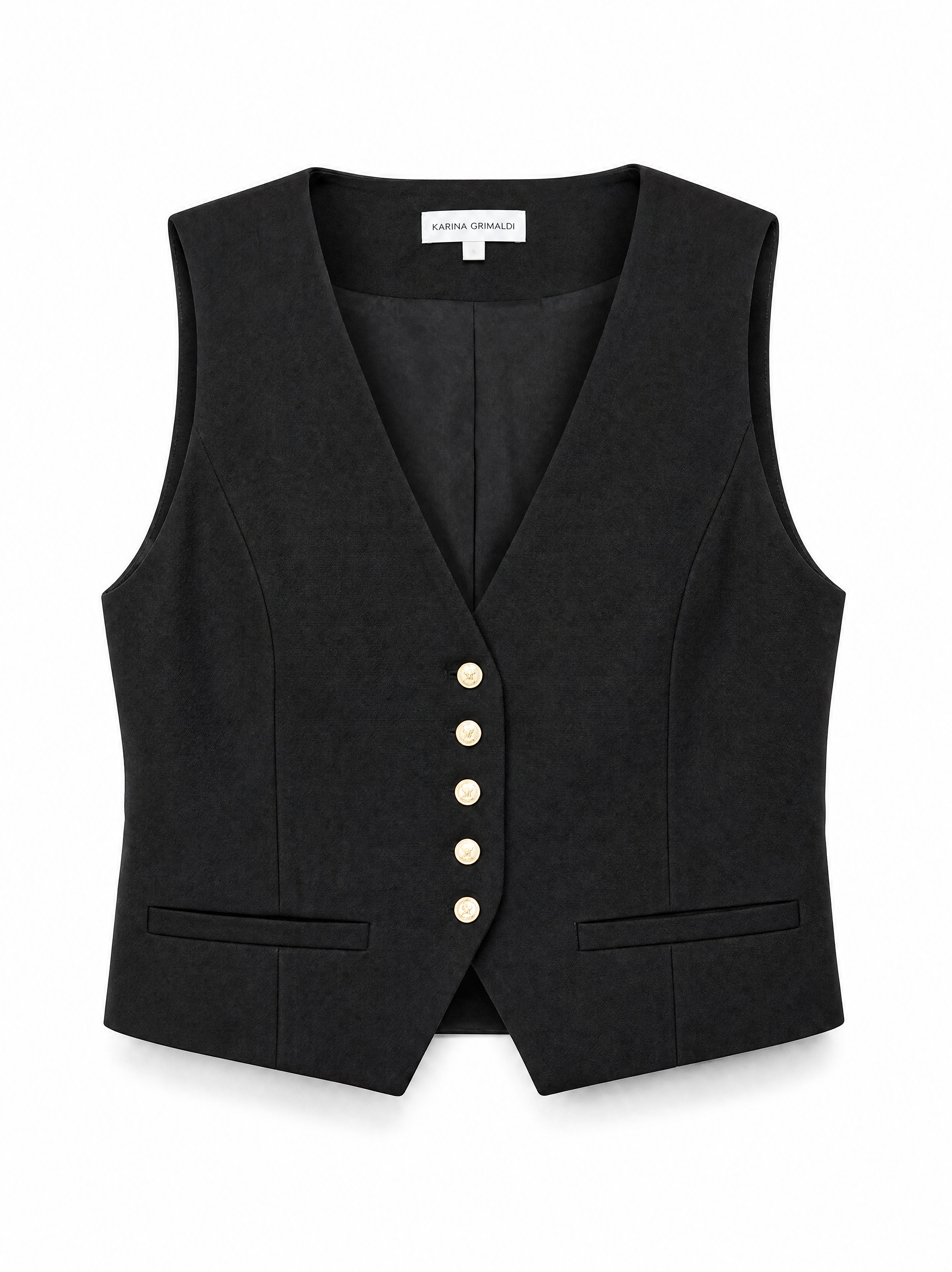 Agus waistcoat in black showing the deep V neckline, five gold buttons and welt pockets, front view.