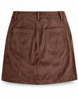 Karina Grimaldi Aria Suede Skirt in chocolate brown, back view, mini length with two patch pockets