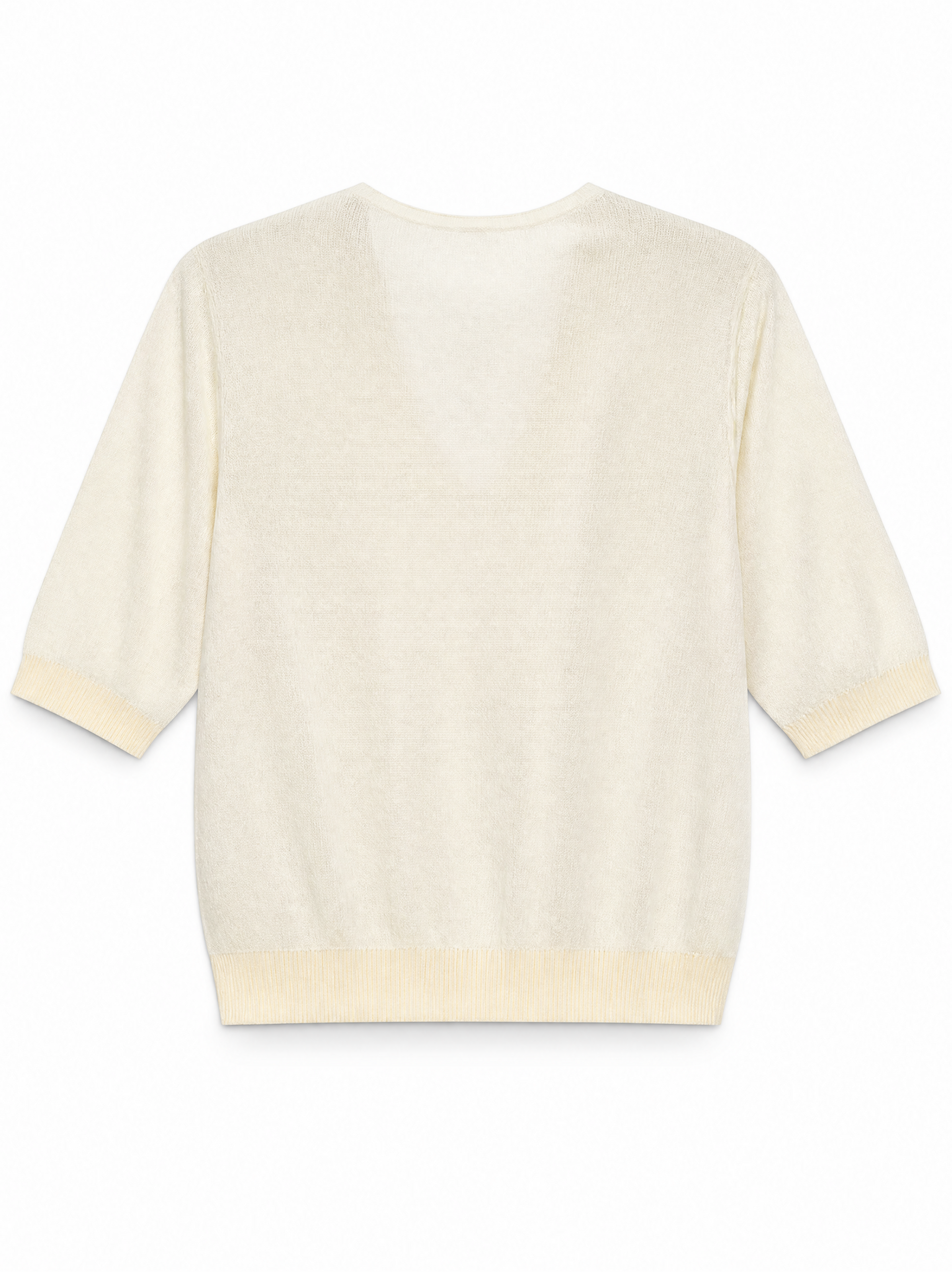 A cream-colored short-sleeve knit top with a V-neckline and ribbed trim on the cuffs and hem, shown against a plain white background.