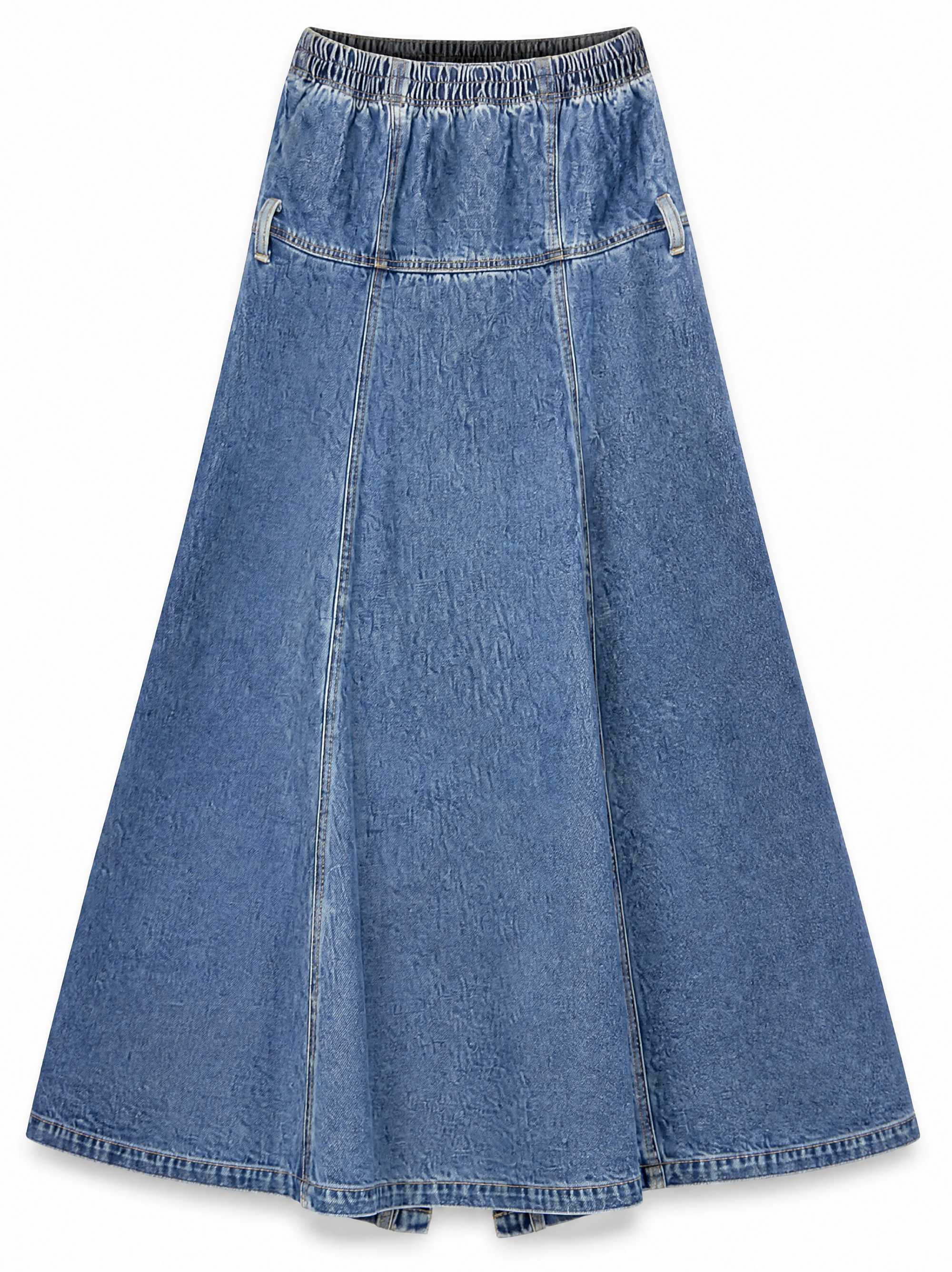 Mica strapless denim midi dress showing the panelled A line skirt, back view.
